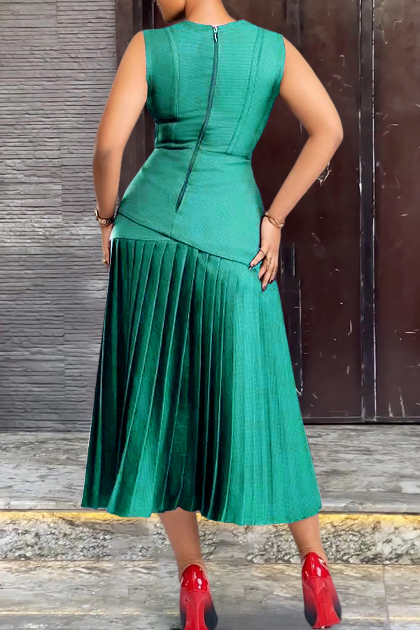 Elegant Round Neck Ruched Hem Midi Dress