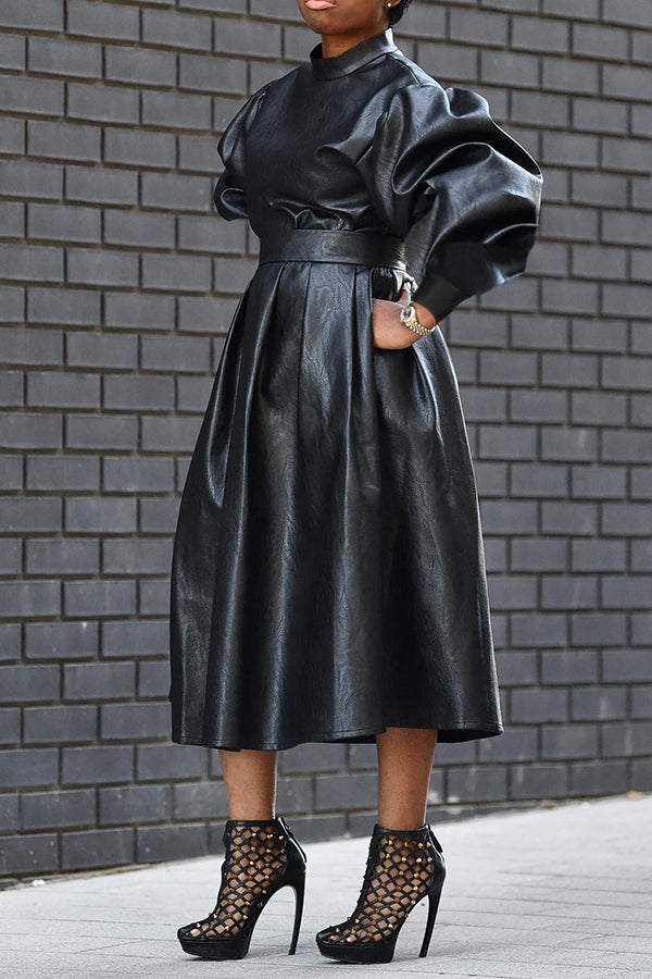 Stylish PU Puff Sleeve Side Pockets A-line Dress