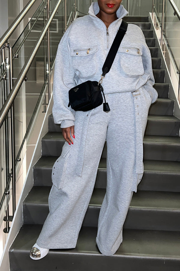 Casual Half Zip Flap Pocket Top & Pants Set