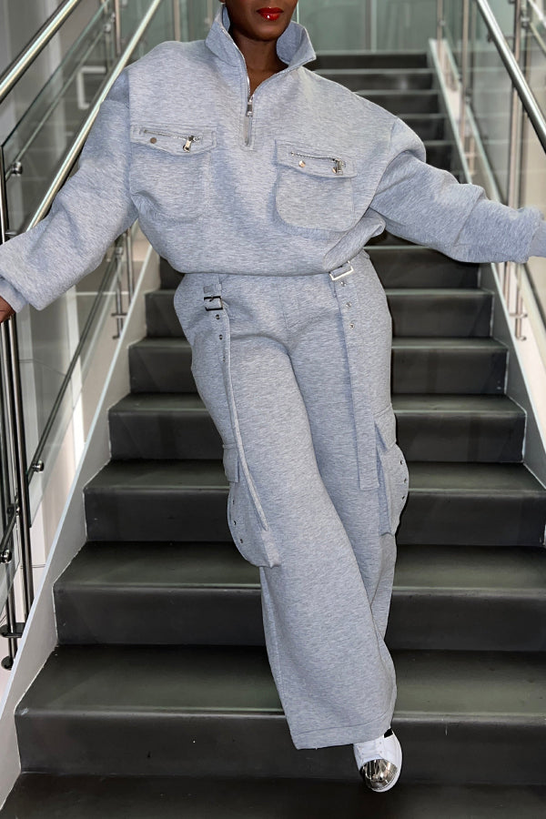 Casual Half Zip Flap Pocket Top & Pants Set