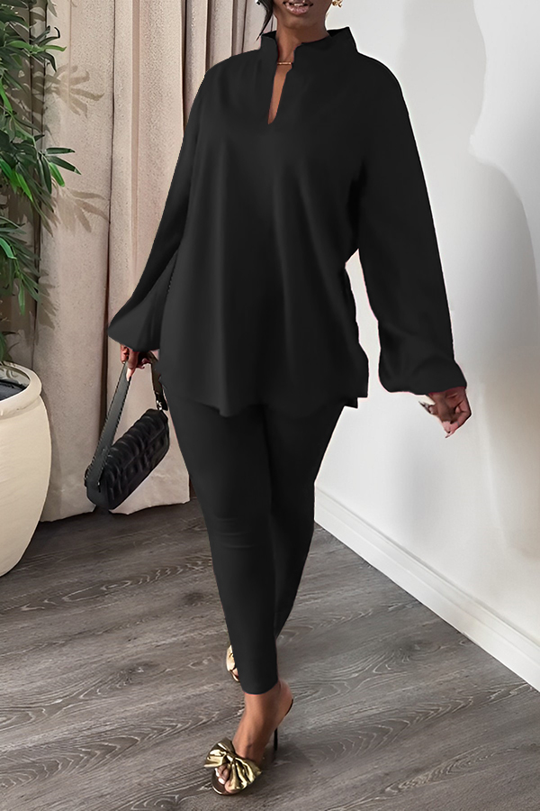 Casual Notch Neck Split Hem Top & Leggings Set