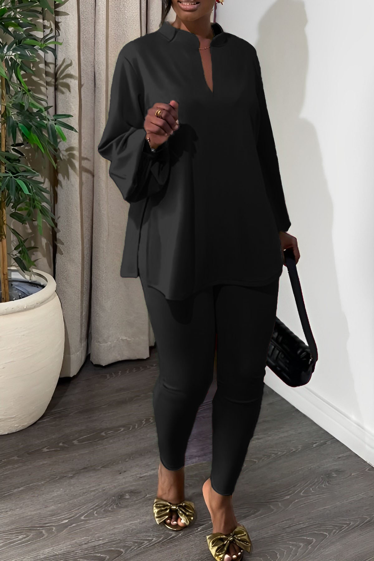 Casual Notch Neck Split Hem Top & Leggings Set