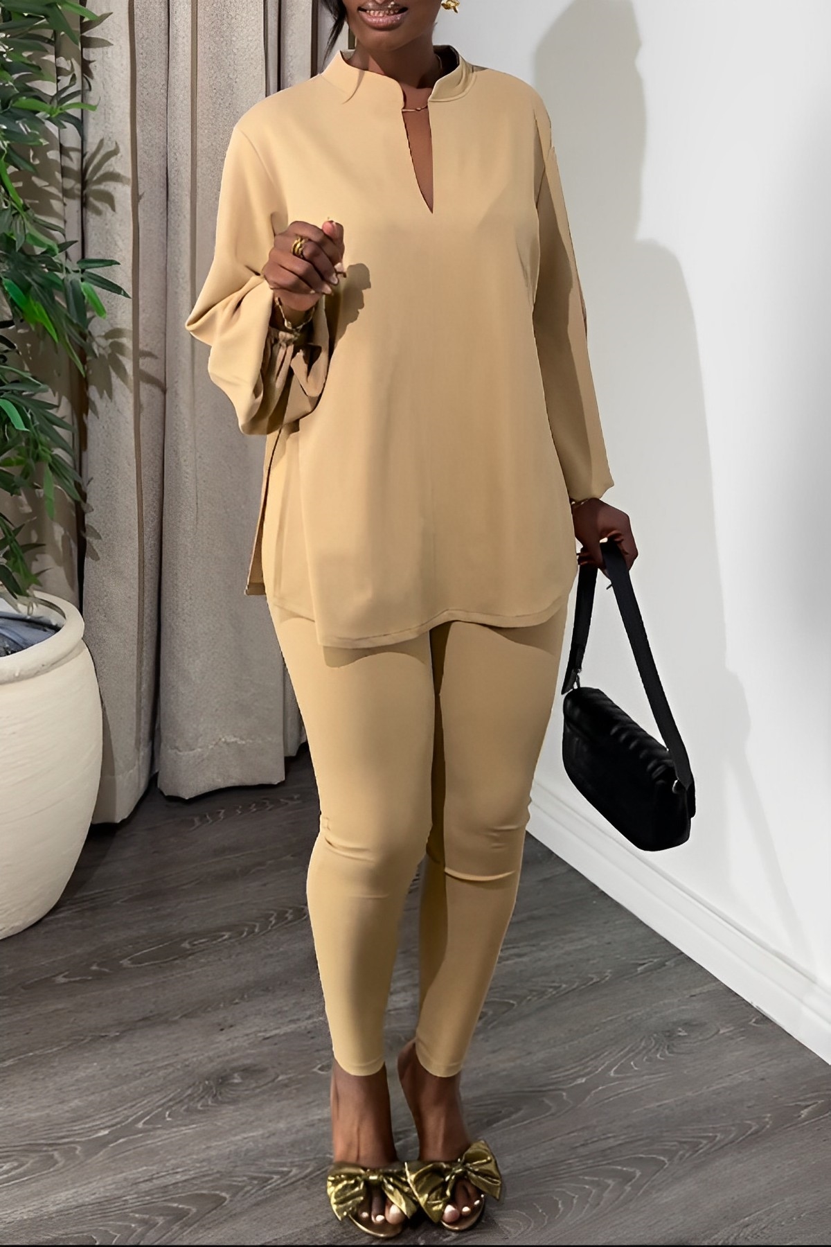 Casual Notch Neck Split Hem Top & Leggings Set