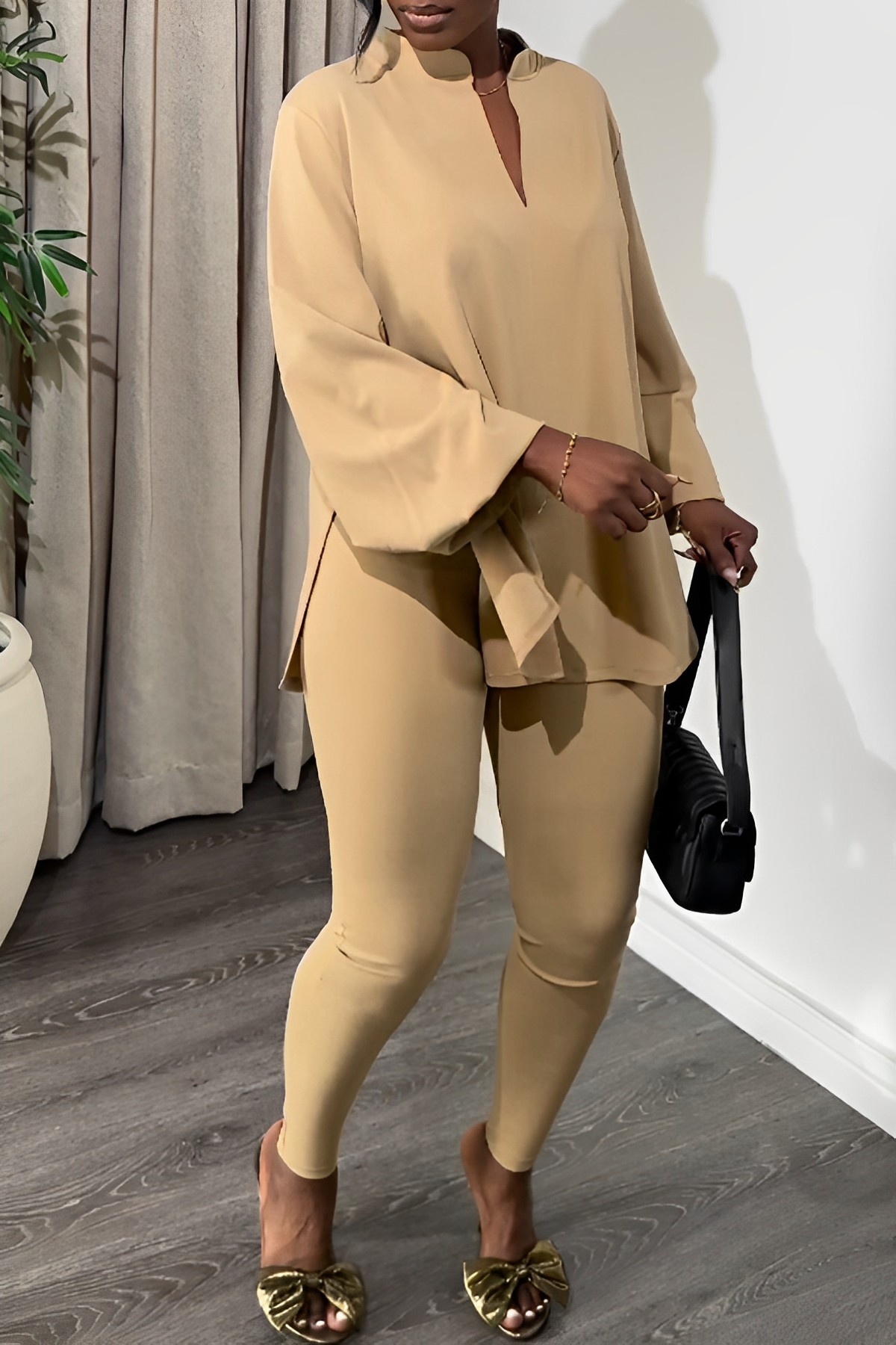 Casual Notch Neck Split Hem Top & Leggings Set