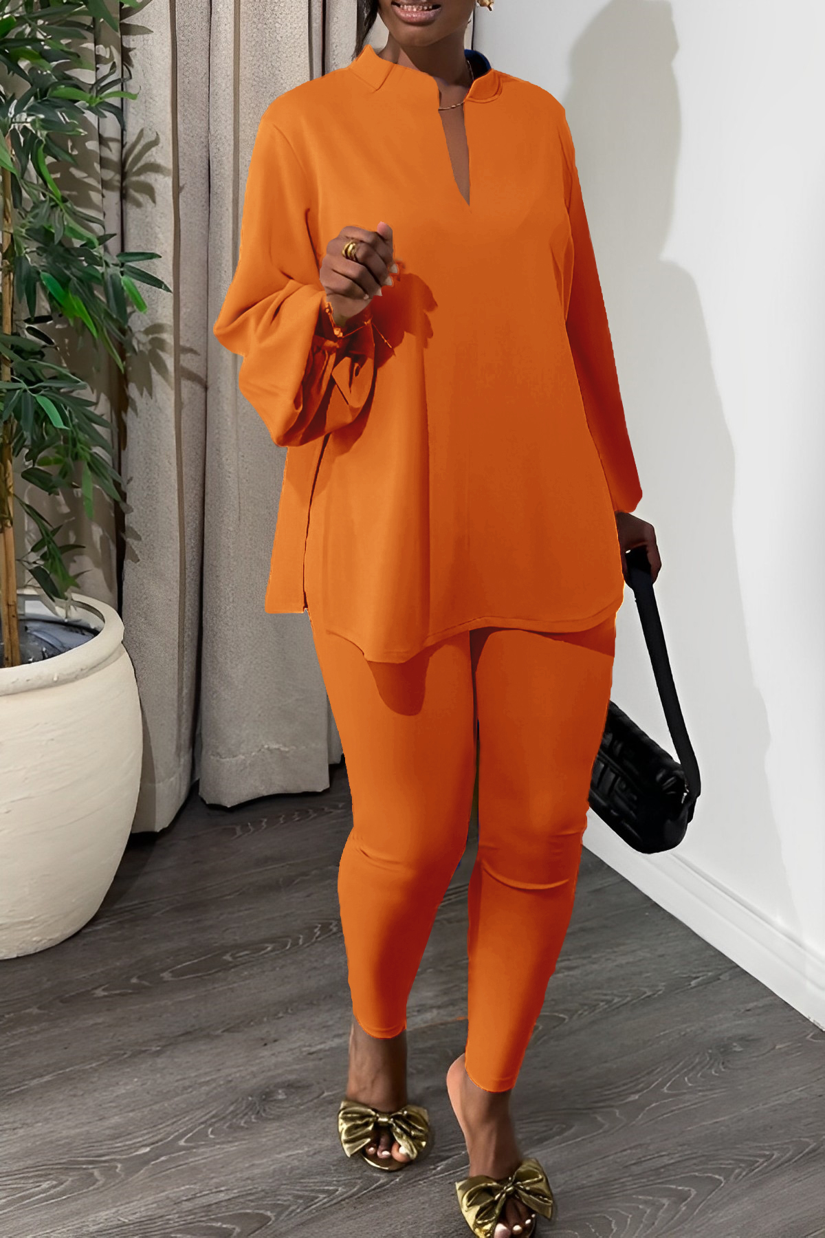 Casual Notch Neck Split Hem Top & Leggings Set