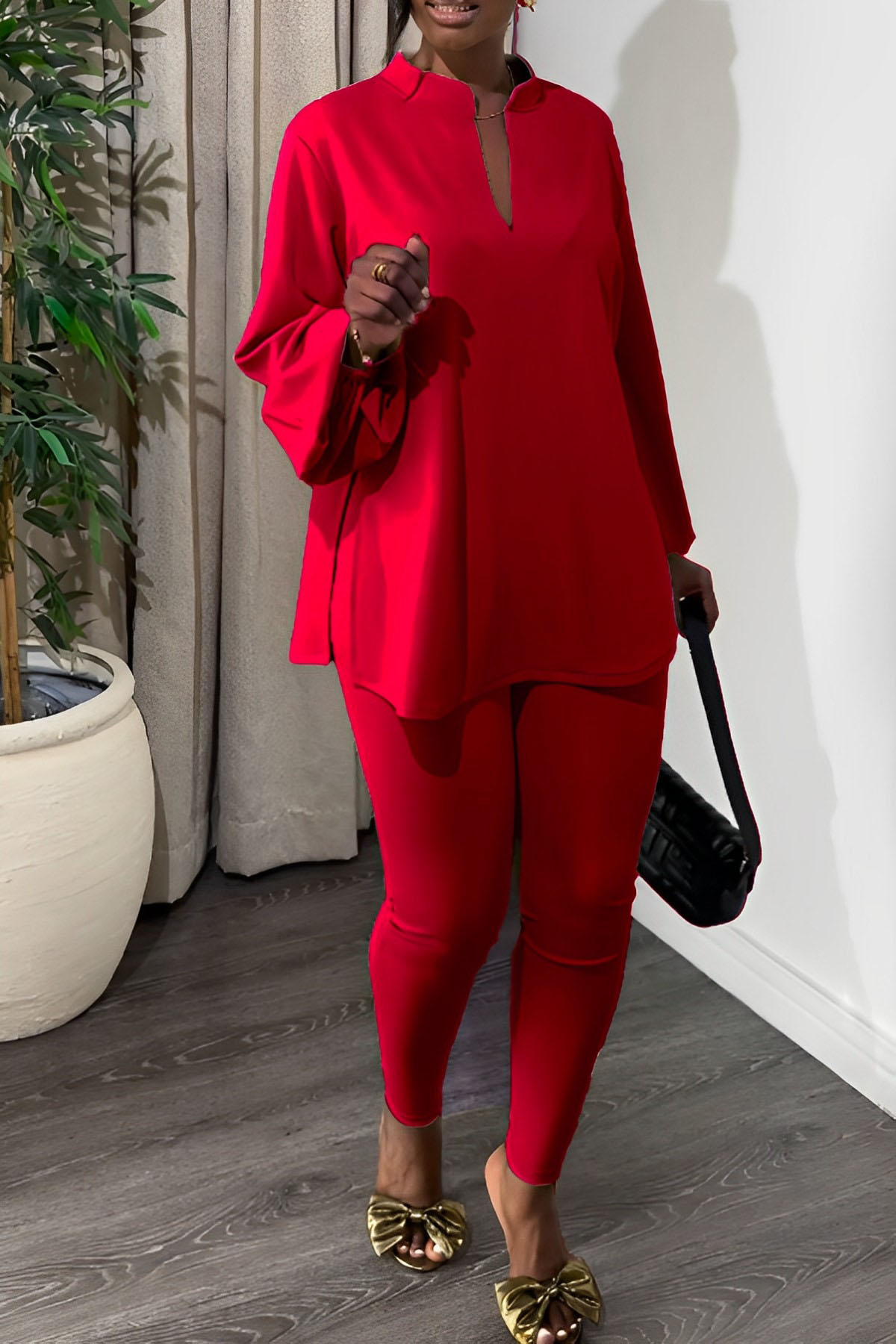 Casual Notch Neck Split Hem Top & Leggings Set