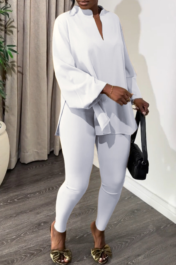 Casual Notch Neck Split Hem Top & Leggings Set