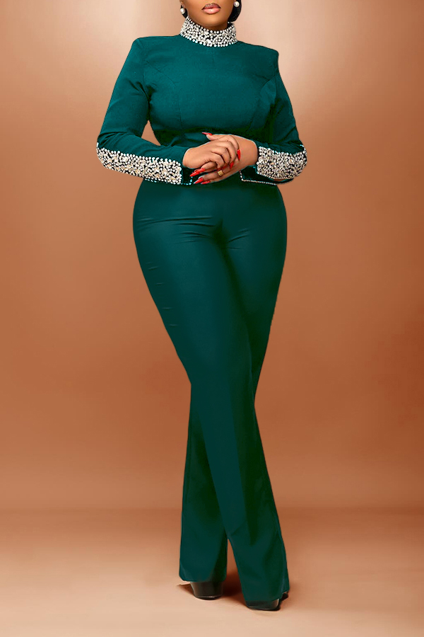Gorgeous Rhinestones Deocr High Neck Top & Pants Set