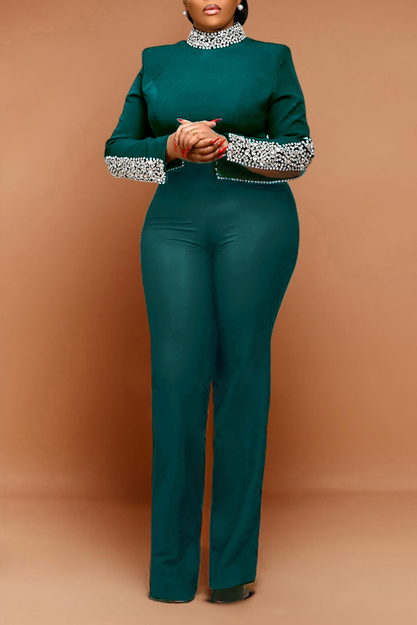 Gorgeous Rhinestones Deocr High Neck Top & Pants Set