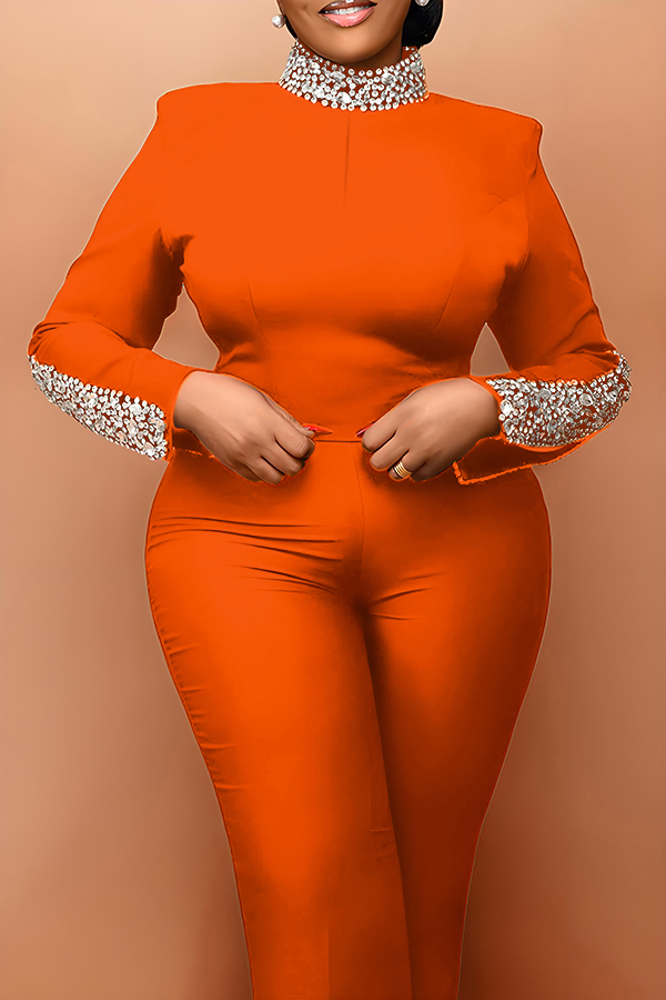 Gorgeous Rhinestones Deocr High Neck Top & Pants Set
