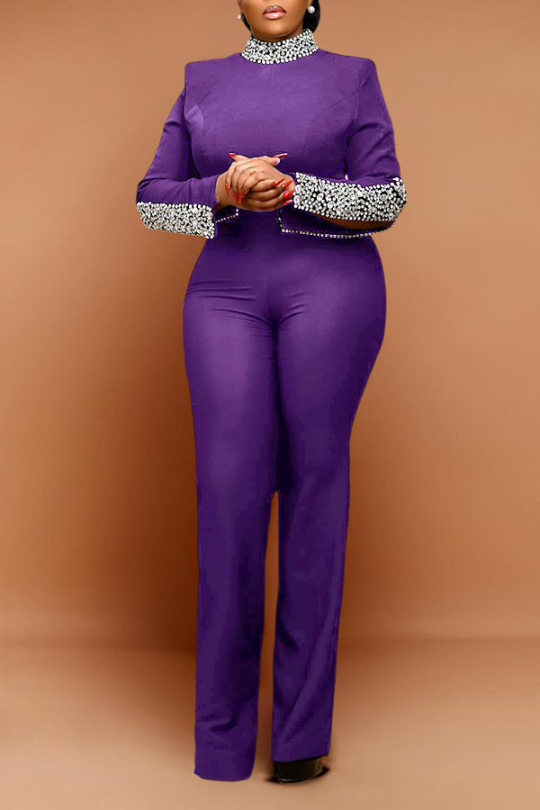 Gorgeous Rhinestones Deocr High Neck Top & Pants Set