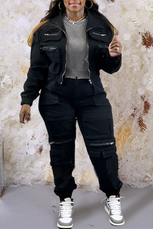 Casual Zip Pockets Crop Jacket