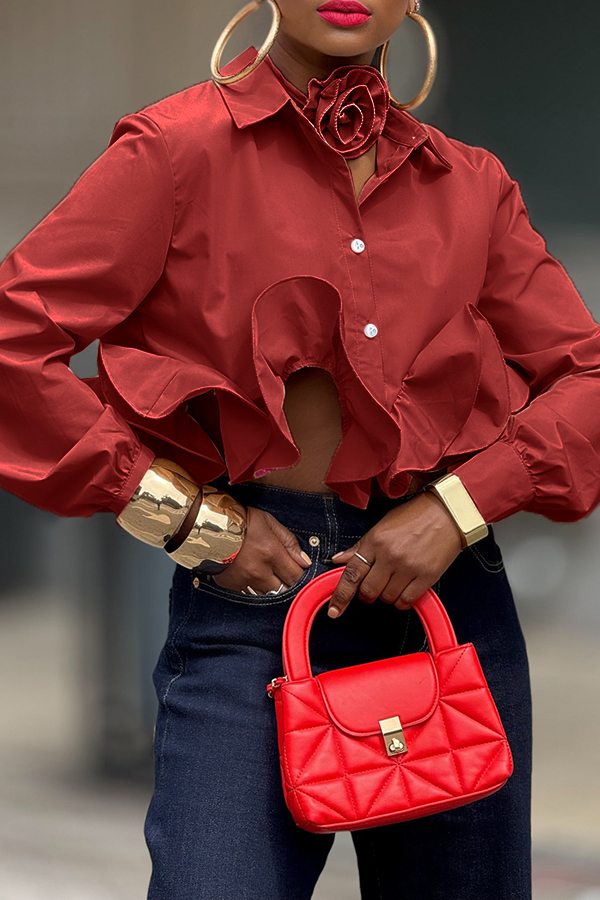 Detachable collar flower Ruffle Hem Blouse