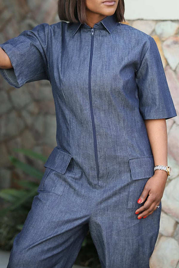 Stylish Short Sleeve Flap Pocket Jumpsuit