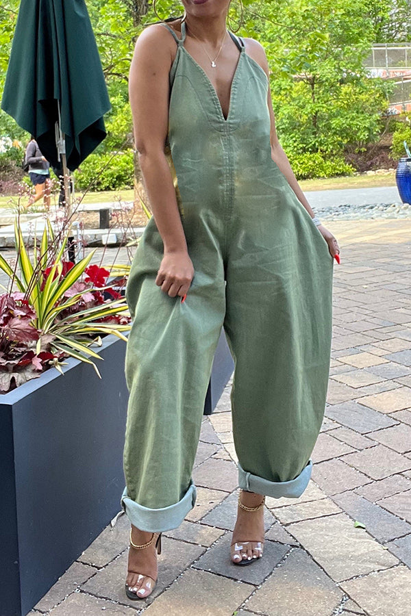 Washed Slant Pocket Halter Scimitar Jumpsuit