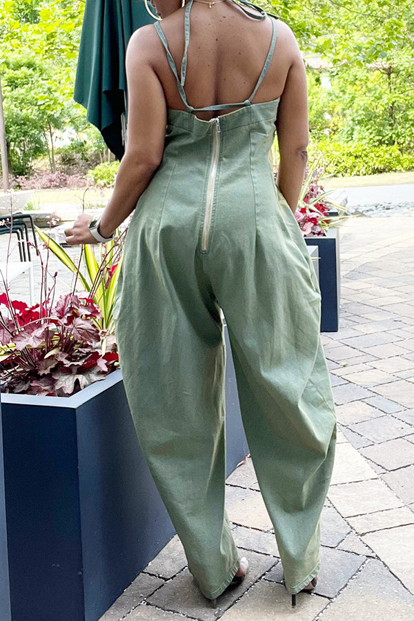 Washed Slant Pocket Halter Scimitar Jumpsuit