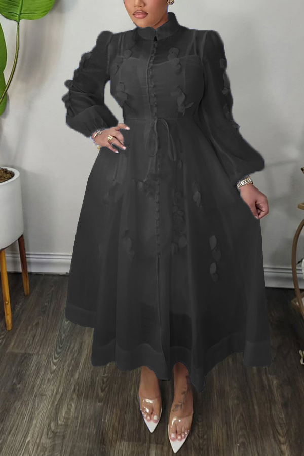 High Neck Hollow Out Lantern Sleeve  Dress