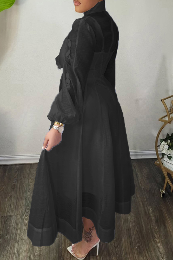 High Neck Hollow Out Lantern Sleeve  Dress