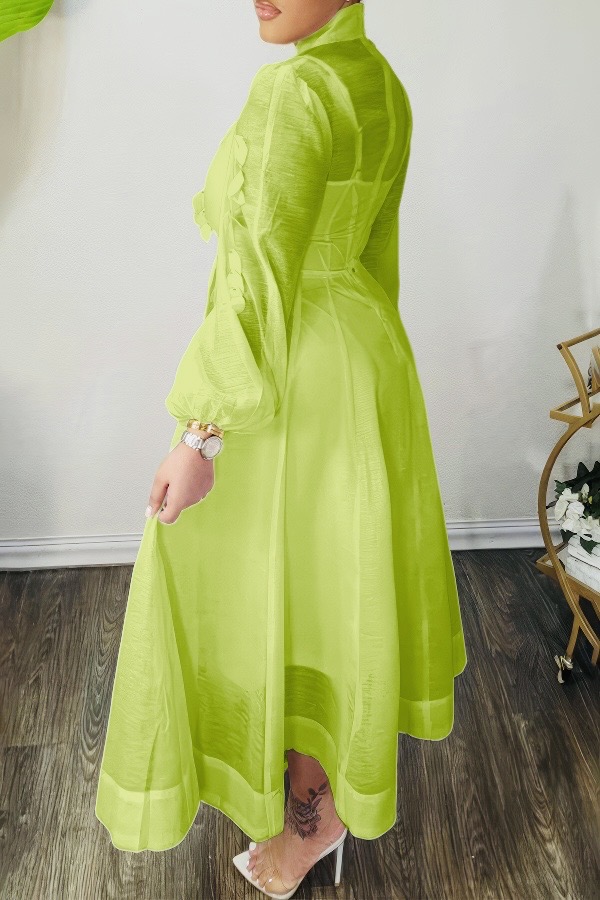 High Neck Hollow Out Lantern Sleeve  Dress
