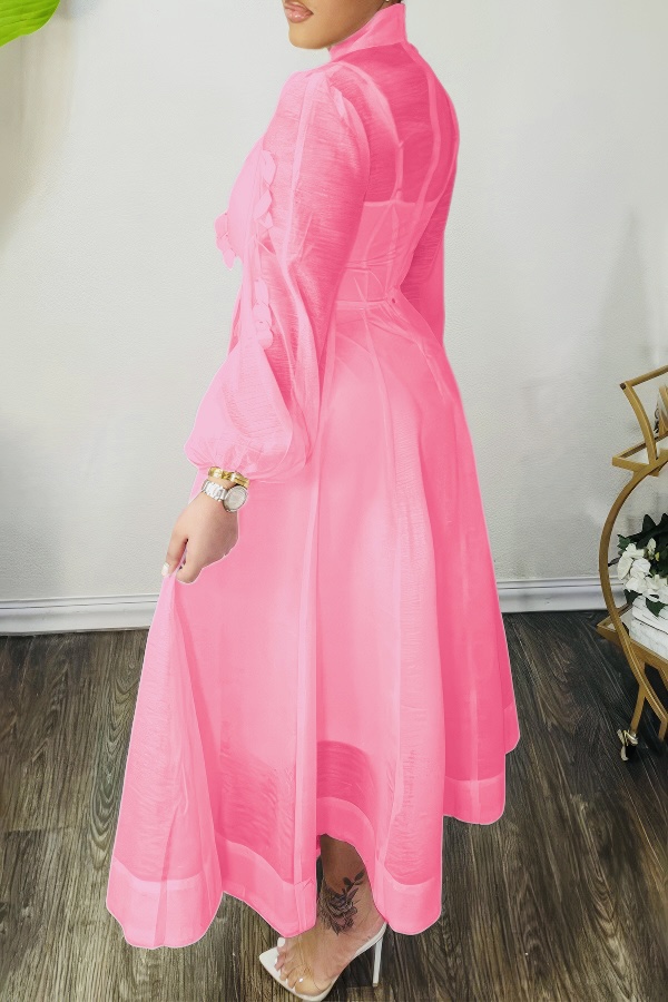 High Neck Hollow Out Lantern Sleeve  Dress