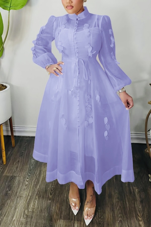 High Neck Hollow Out Lantern Sleeve  Dress