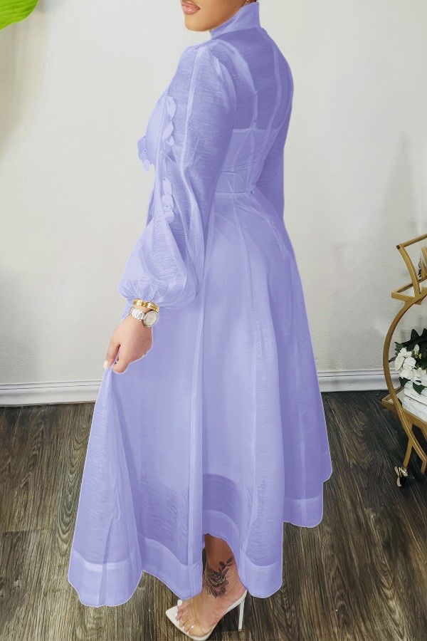 High Neck Hollow Out Lantern Sleeve  Dress