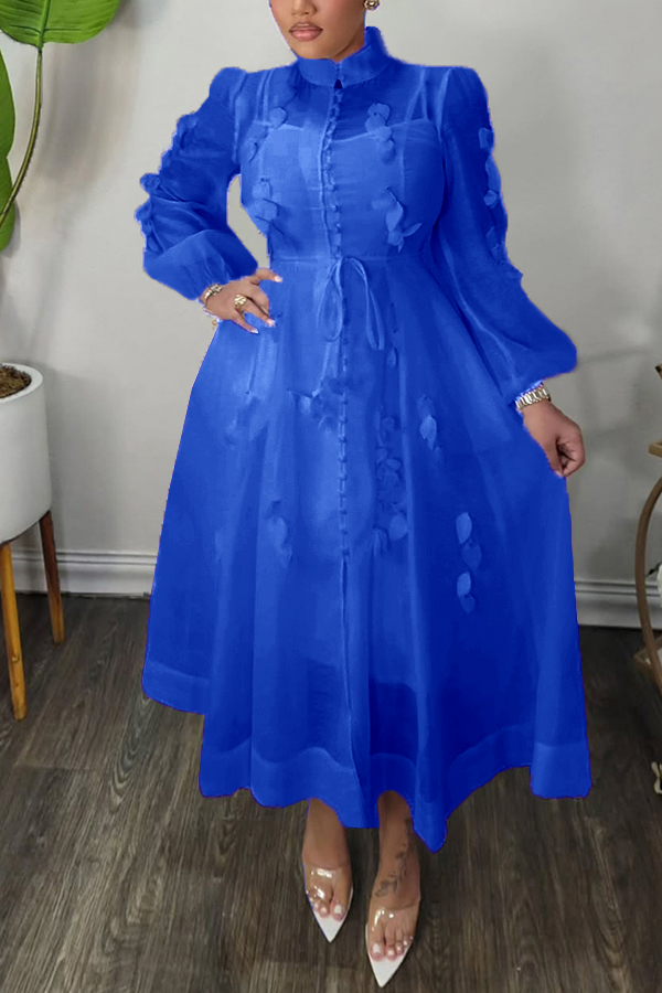 High Neck Hollow Out Lantern Sleeve  Dress