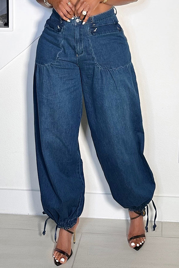 Vintage bleached washed drawstring Leg jeans
