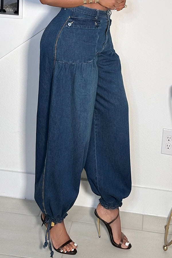 Vintage bleached washed drawstring Leg jeans