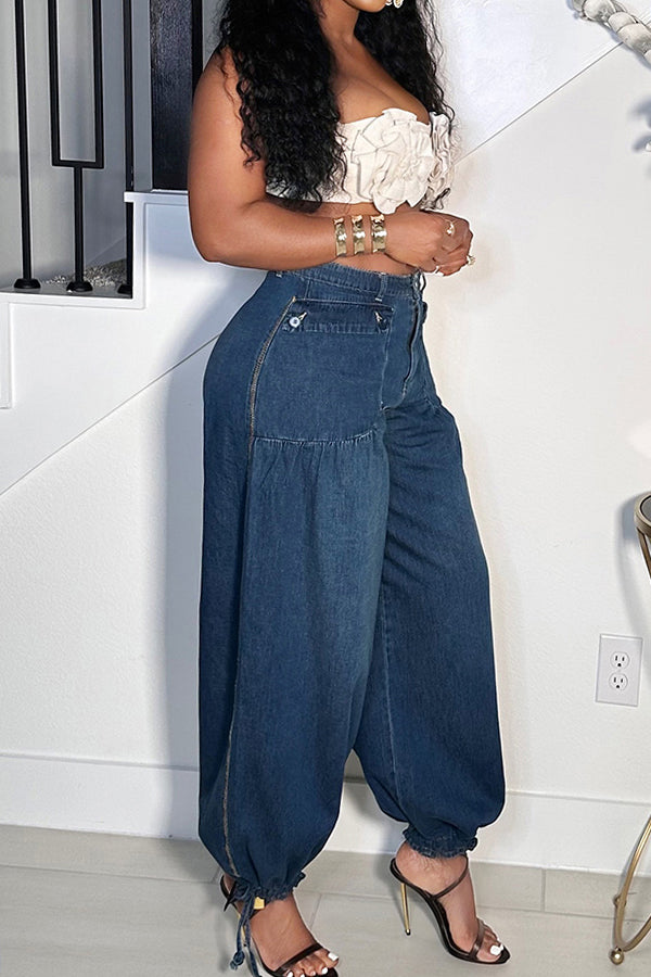 Vintage bleached washed drawstring Leg jeans