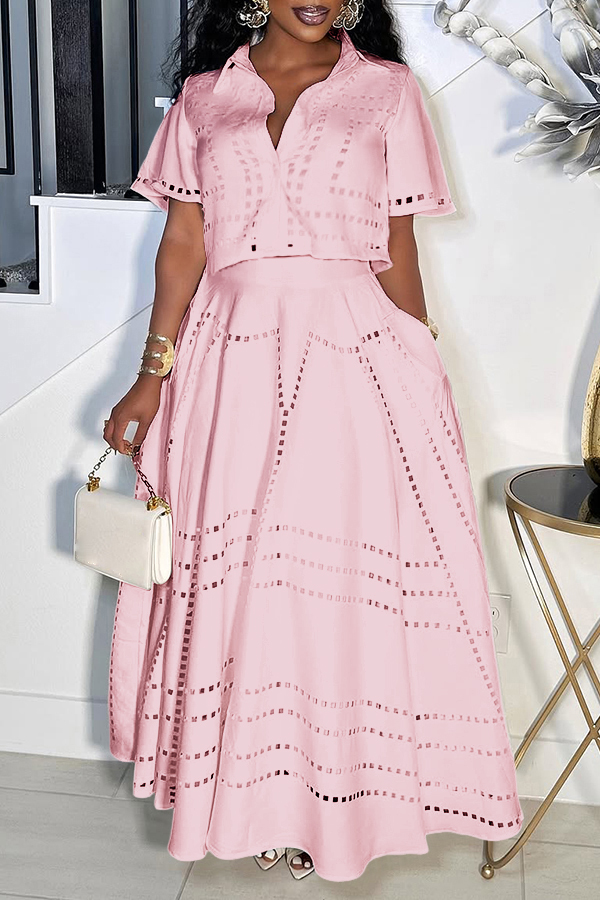 Stylish Burning Flower Craft Short Top & Skirt Set