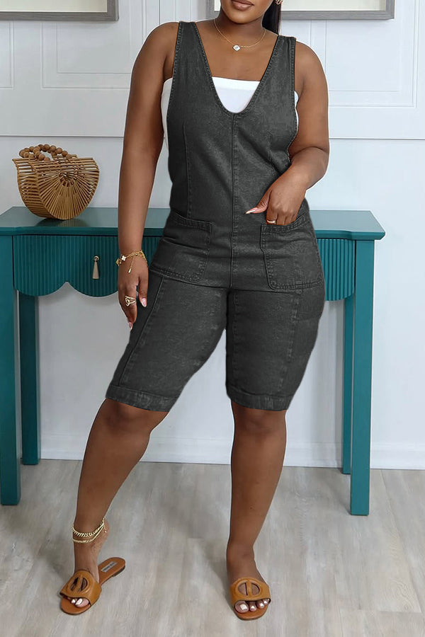 Casual V-neck Sleeveless Double Pocket Denim Rompers