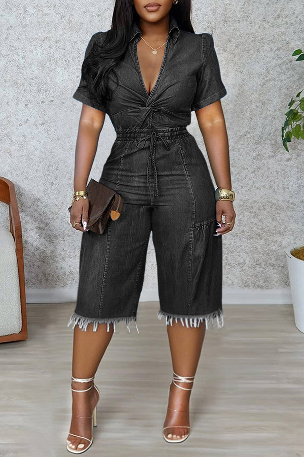 Chic Twist Tassel Hem Denim Jumpsuit