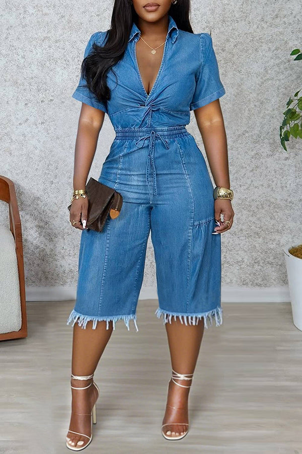 Chic Twist Tassel Hem Denim Jumpsuit