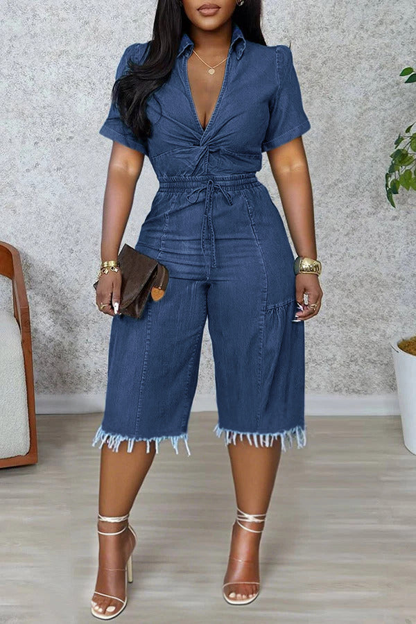 Chic Twist Tassel Hem Denim Jumpsuit