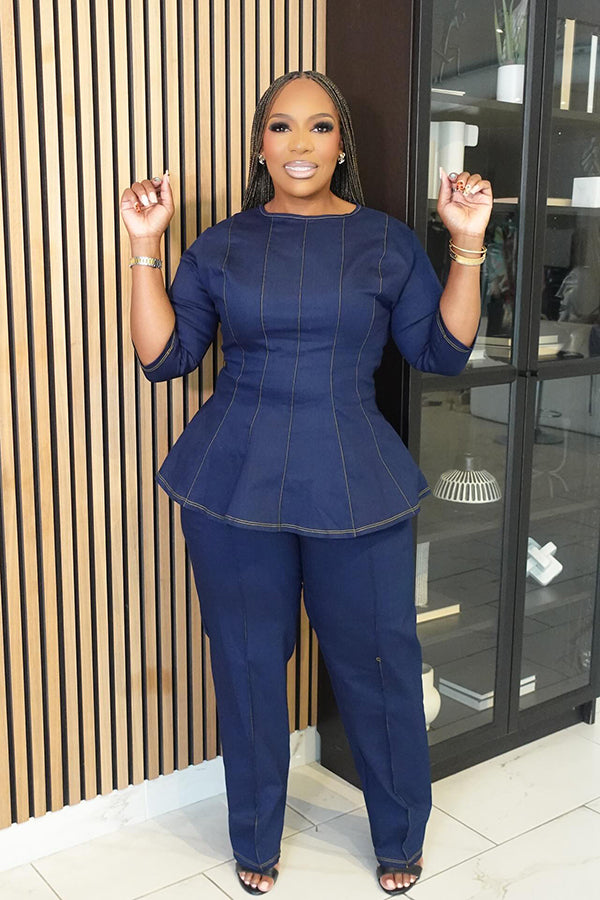 Casual Waist Hugging Denim Top & Straight Jeans Set