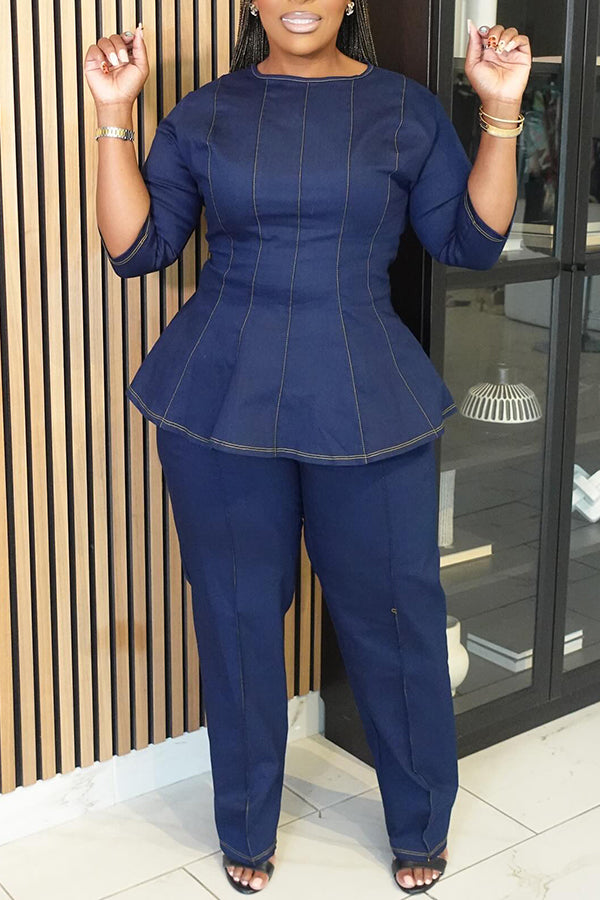 Casual Waist Hugging Denim Top & Straight Jeans Set