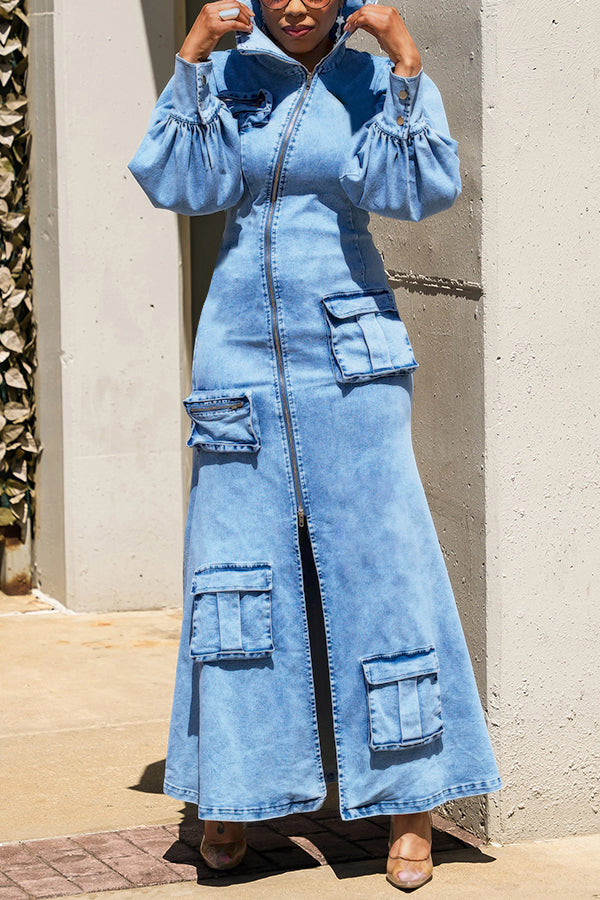 Stylish Zipper Pocket Slit Denim Maxi Dress