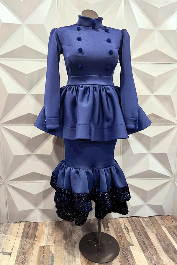 Elegant Ruffled Top & Sequined Layered Patchwork Skirt Set