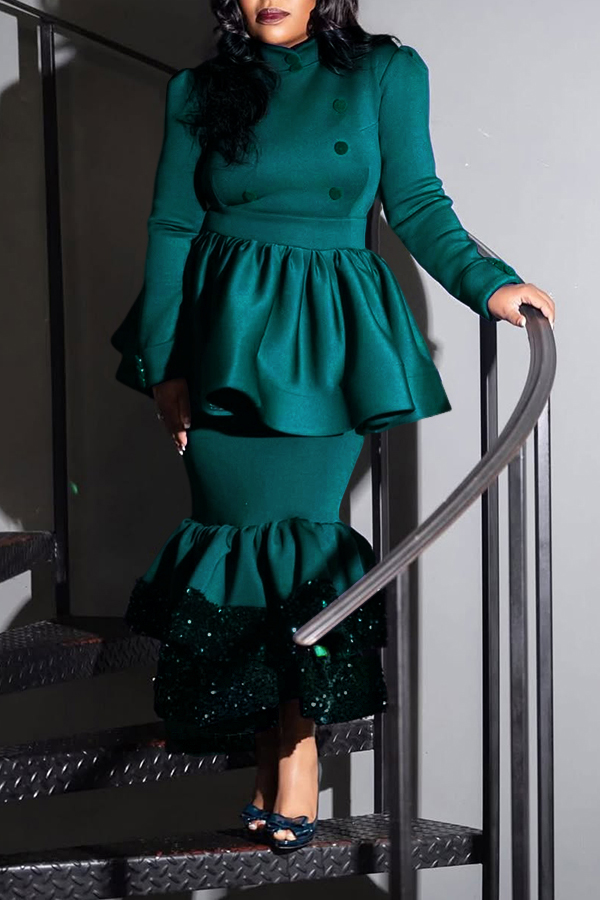 Elegant Ruffled Top & Sequined Layered Patchwork Skirt Set