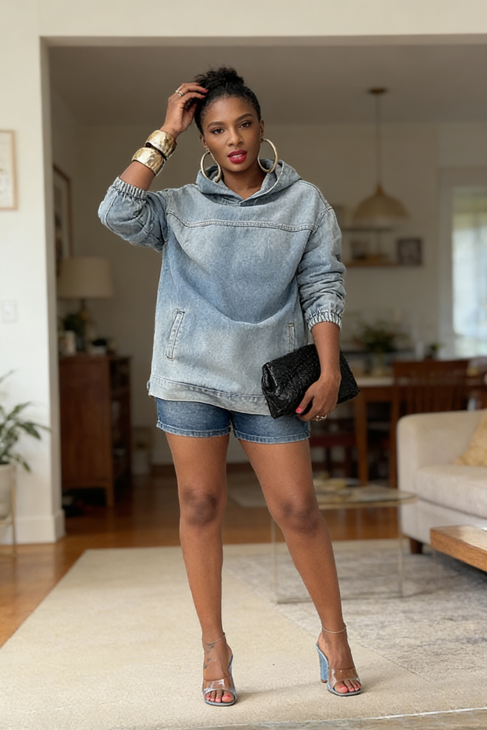 Versatile Pocket Design Light Washed Denim Hoodie