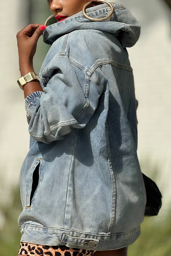 Versatile Pocket Design Light Washed Denim Hoodie