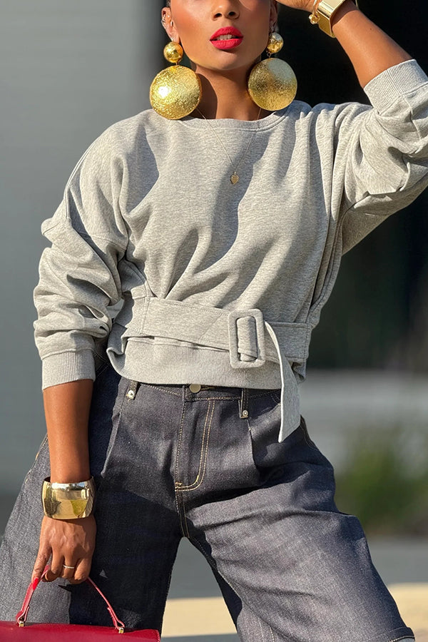 Casual Round Neck Buckled Waist Sweatshirt