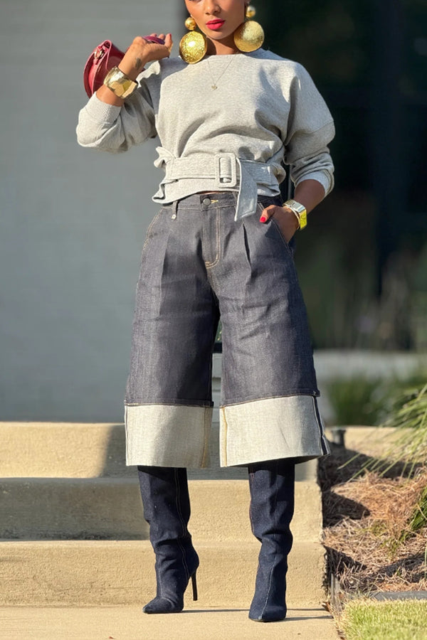 Casual Round Neck Buckled Waist Sweatshirt