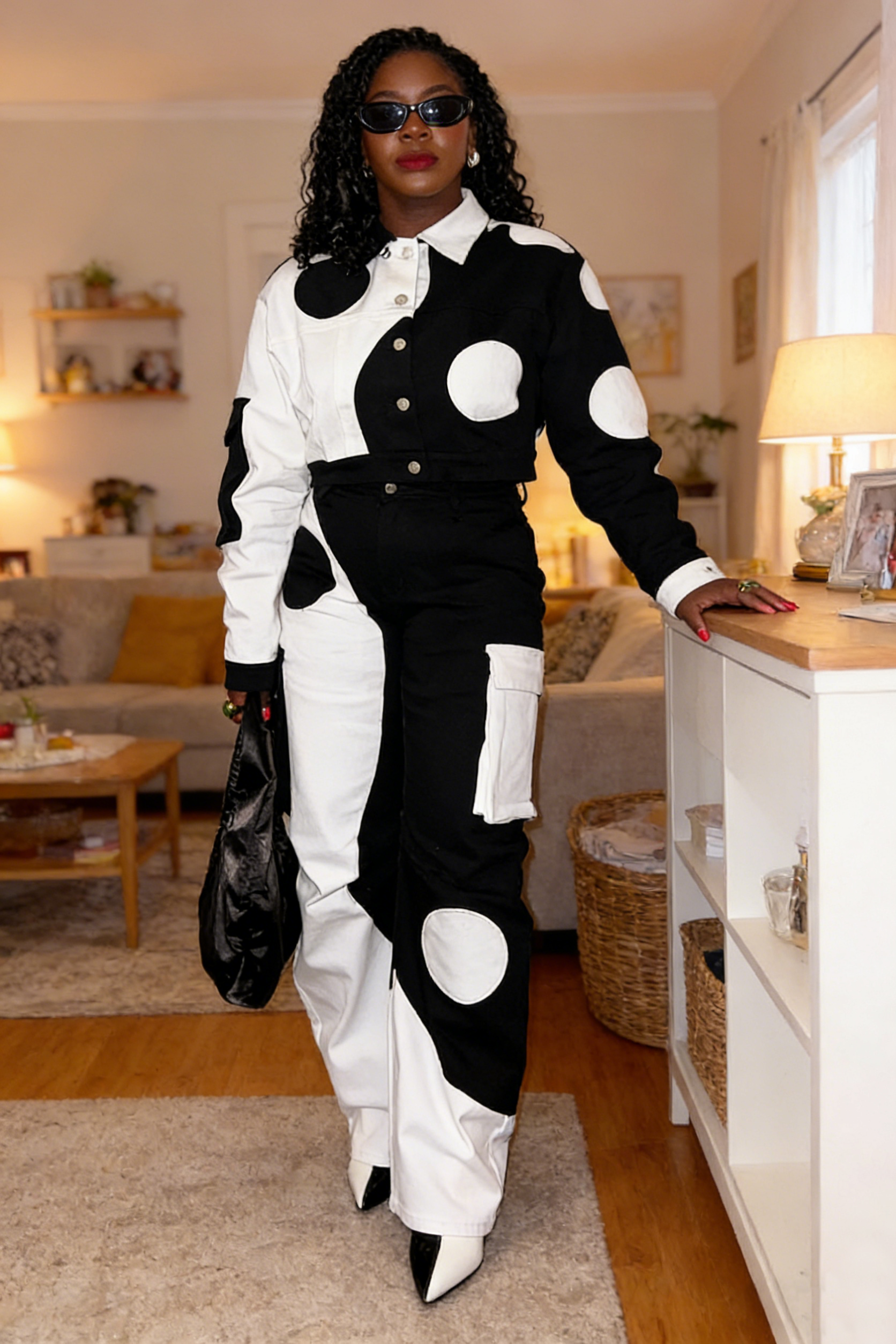 Stylish Polka Dot Print Contrast Jacket & Pants Set