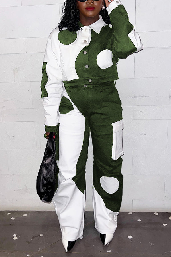 Stylish Polka Dot Print Contrast Jacket & Pants Set