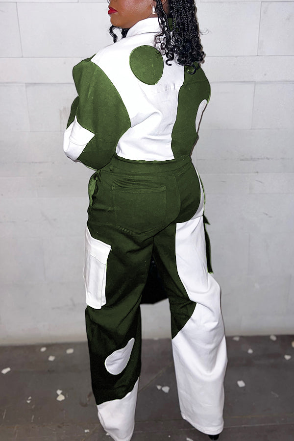 Stylish Polka Dot Print Contrast Jacket & Pants Set