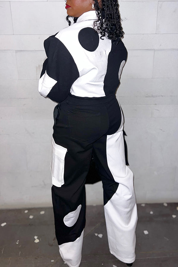 Stylish Polka Dot Print Contrast Jacket & Pants Set