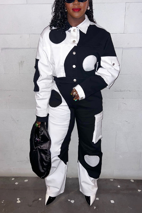 Stylish Polka Dot Print Contrast Jacket & Pants Set