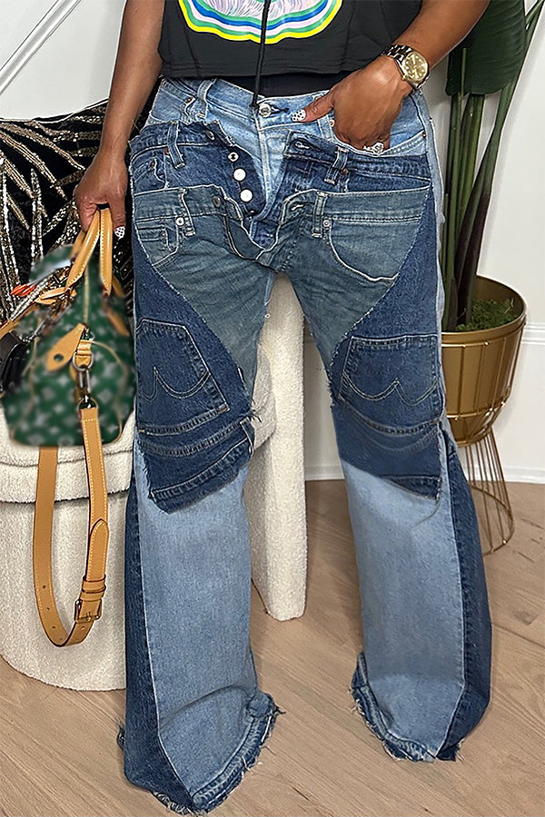 Personalized Patchwork Raw Edge Wide Leg Jeans